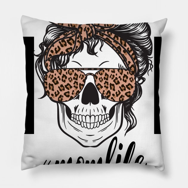 Mom Life Skull Cheetah print Retro Pillow by PIIZ