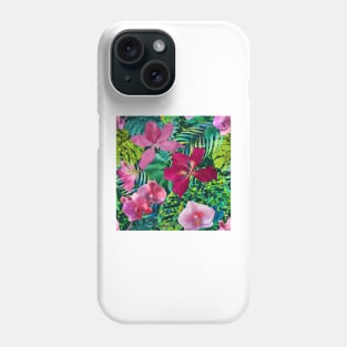 Dark tropical flowers and palm leaves Orchids, Bauhinia flowers watercolor exotic printloral seamless pattern Phone Case