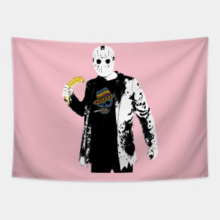 Psychic Jason Voorhees Wearing Redbubble Merch | Jason VS Banana | Rainbow skull Tapestry