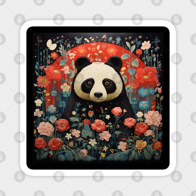 Surrealistic Folk Art Dark Floral Motif Panda Bear Design Magnet by The Little Store Of Magic