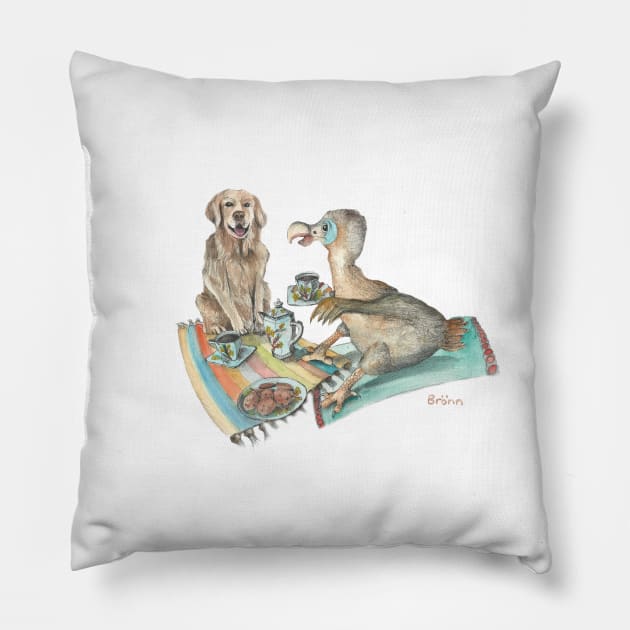 Dodo and dog tea party mug teeshirt, card, sticker apparel Pillow by The Dodo Gallery