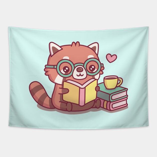 Cute Red Panda With Glasses Reading A Book Tapestry by rustydoodle