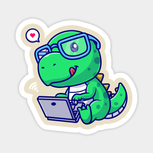 Cute Dino Working On Laptop Cartoon Magnet