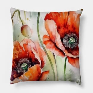 Watercolor flowers poppies Pillow