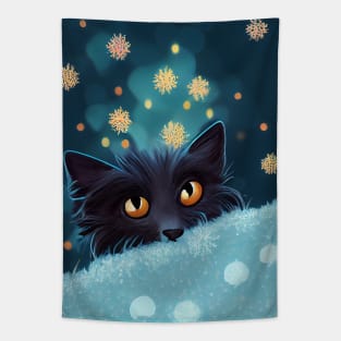 Christmas Black Cat on the Roof Tapestry