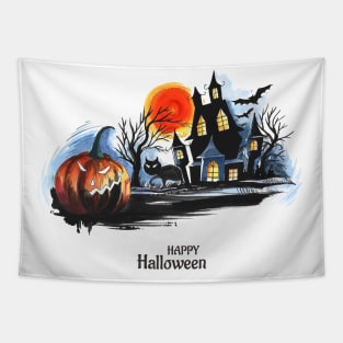 Halloween Scary House Pumpkin Tapestry