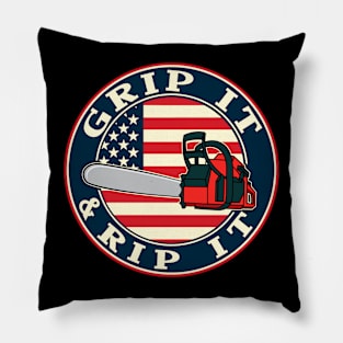 Chainsaw American Flag Grip It and Rip It Pillow