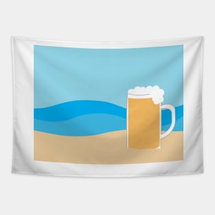 Beer glass on Brown sand and Blue sea background Tapestry