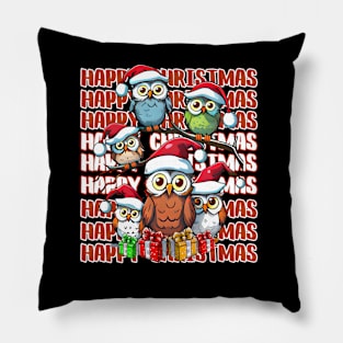 Happy Christmas Owl Family in Santa Hats Pillow