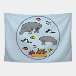 Manatee with colorful fish in circle Tapestry