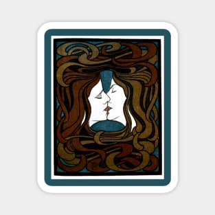 Two faces kissing with entwined art-nouveau style hair Magnet