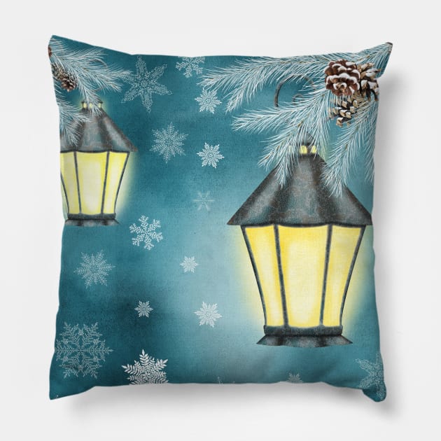 Antique streetlamps watercolor illustration. Winter snowflakes fantasy background. Vintage streetlights. Spruce tree branches Pillow by likapix