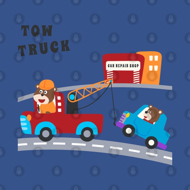 Vector illustration of tow truck cartoon with funny driver by KIDS APPAREL