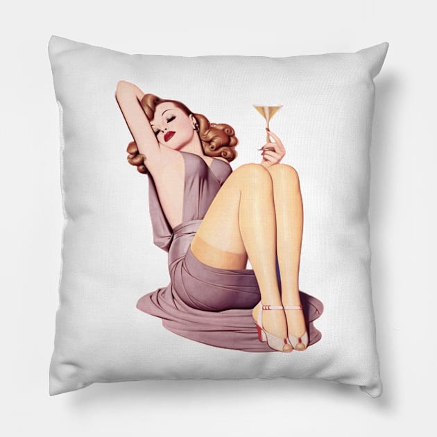 Pin-up girl drinking champagne Pillow by la chataigne qui vole ⭐⭐⭐⭐⭐