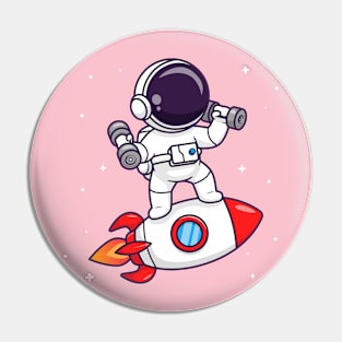 Cute Astronaut Lifting Dumbbell On Rocket Cartoon Pin