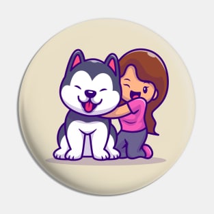 Cute Girl With Husky Dog Pin