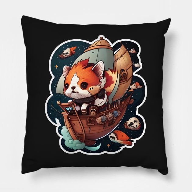 Red Panda on a Pirate Ship in Space Sticker Pillow by Walford-Designs