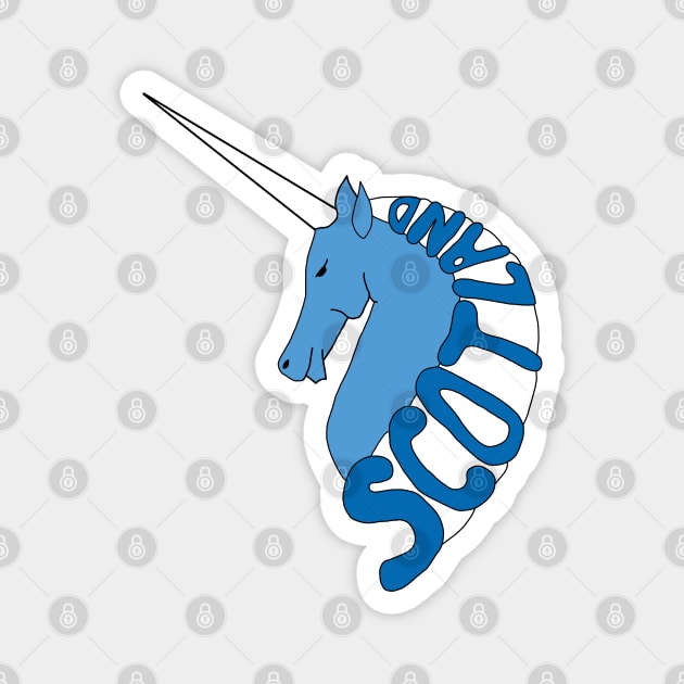 BLUE AND WHITE SCOTTISH UNICORN WITH SCOTLAND TEXT MANE Magnet by MacPean