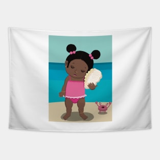Vacation mood on - cute little dark girl having a quiet moment on the beach listening to the sound of a seashell, lighter ,no text Tapestry