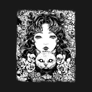 Manga Cat Lover Girl Creepy Drawing - Dark manga art Emo T-Shirt