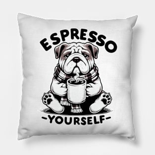 "Warm Espresso Bulldog - Cozy Coffee Humor" Pillow