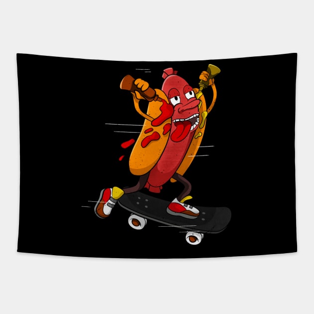 Hotdog Skater Funny Skating Bratwurst Tapestry by Foxxy Merch