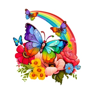 Butterfly Rainbow Flowers, Girly, Women's, Spring, Floral T-Shirt