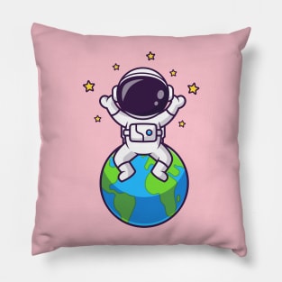 Cute Astronaut Sitting On Earth With Star Cartoon Pillow