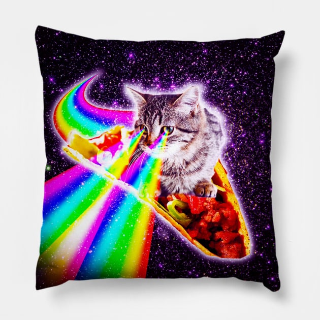 Rainbow Laser Eyes Galaxy Cat Riding Taco Pillow by Random Galaxy