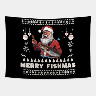 Merry Fishmas Santa Fishing Ugly Christmas Sweater Tapestry