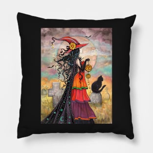 Witch Way Halloween Witch and Black Cat Fantasy Art Pillow