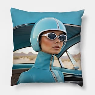 60s Retro Futuristic Woman in Blue in the Desert Pillow