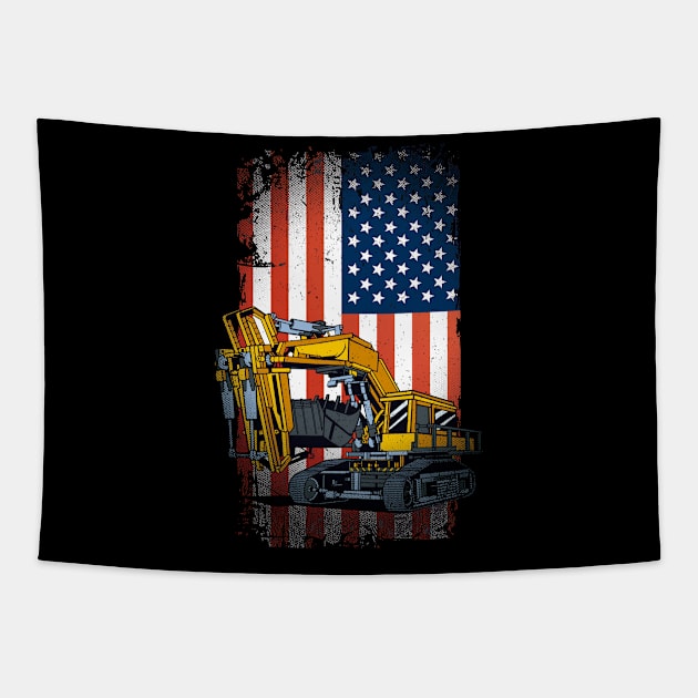 Funny Excavator Heavy Machinery US Flag Tapestry by MarkusShirts
