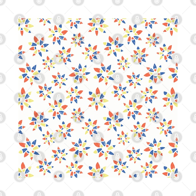 Abstract orange blue yellow flowers on a white background. Distressed look. by Sandra Hutter Designs