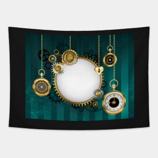 Round Mechanical Banner on Green Background ( Steampunk ) Tapestry