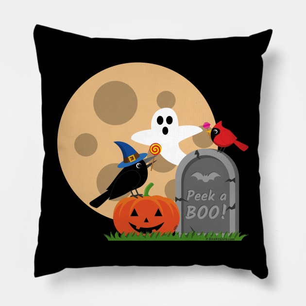 Halloween: Cute Crow and Cardinal Scared by a Ghost - PEEK-A-BOO Pillow by BirdAtWork
