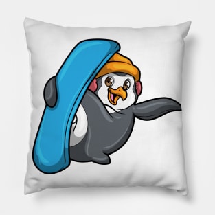 Penguin at Snowboarding with Snowboard and Hat Pillow