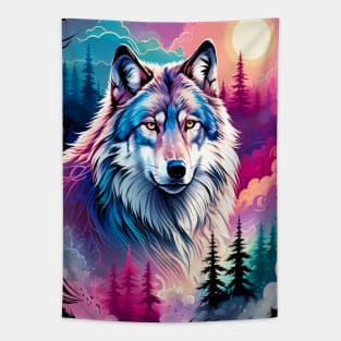 A Grey Wolf with Mountains, Floral Elements, Forests, Trees Tapestry