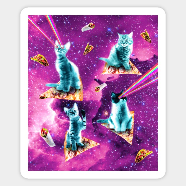 Outer Space Cats With Rainbow Laser Eyes Riding On Pizza - Cats - Sticker