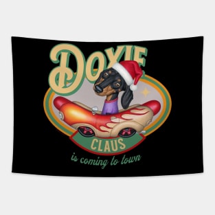 cute Doxie Dog as Santa Claus in classic hotdog car is Coming to Town Tapestry