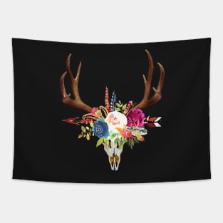 Boho Stag Skull+Horn Watercolor Flowers Tapestry