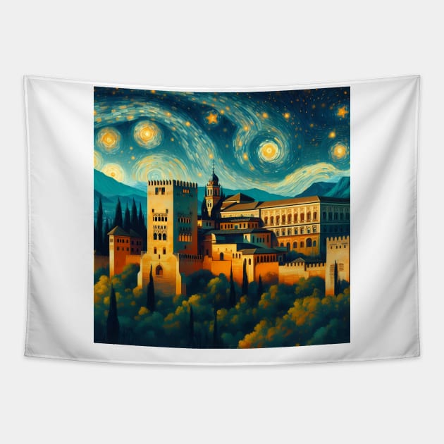 Alhambra, Granada, Spain, in the style of Vincent van Gogh's Starry Night Tapestry by CreativeSparkzz