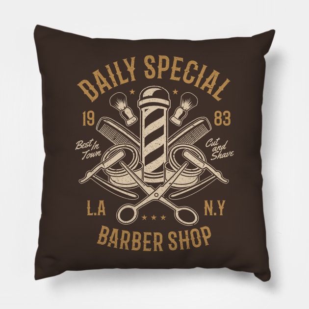 Daily Special Retro Barbershop Pole L.A. N.Y. Cut And Shave Scissors And Razors Pillow by JakeRhodes