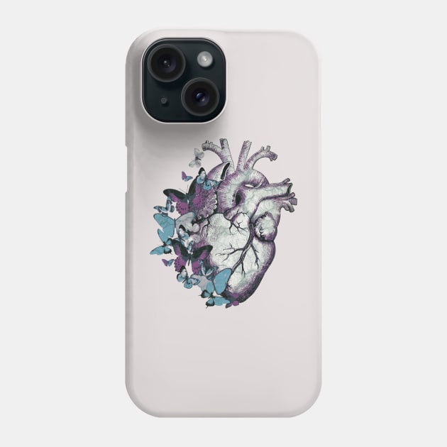 Heart in love, vintage effect watercolor blue butterflies, Heart, anatomical Human heart Phone Case by Collagedream