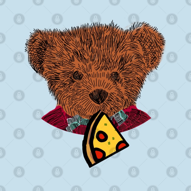 Cute Teddy Bear Portrait with Pepperoni Pizza Slice by ellenhenryart