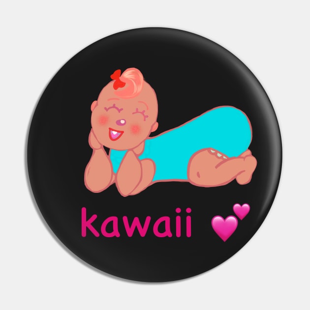 Cute Kawaii baby with the word kawaii and pink hearts Pin by Artonmytee