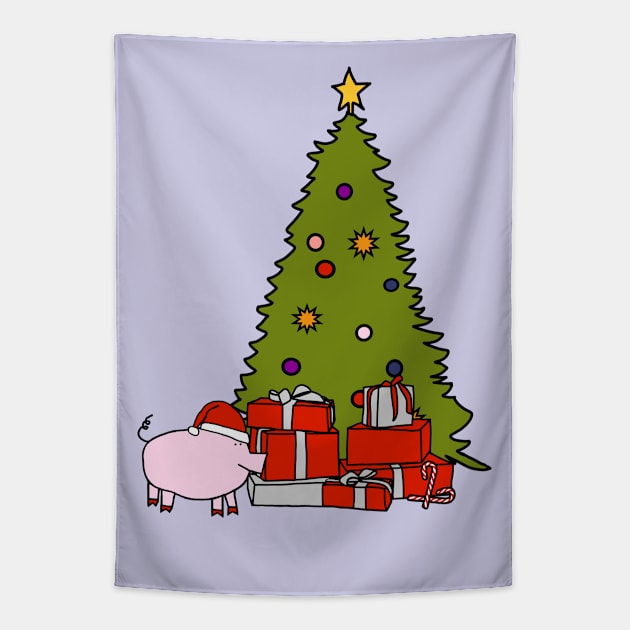 Santa Hat on Pig and Christmas Tree Tapestry by ellenhenryart