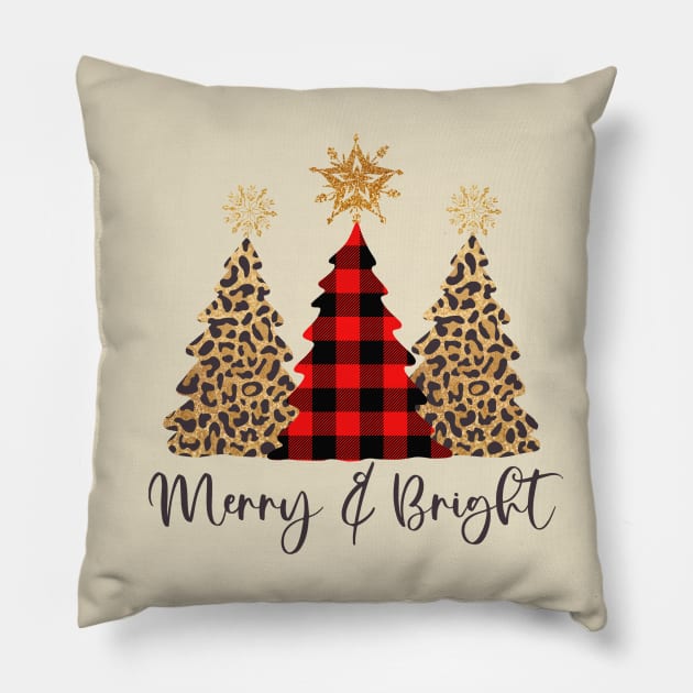 Merry and Bright Christmas Trees - Leopard Print and Buffalo Check Pillow by Skeedabble