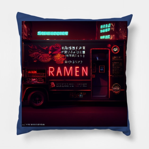 Cyberpunk Tokyo Ramen Food Truck Pillow by Grassroots Green