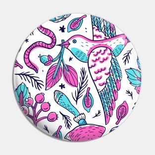 Blue and pink bird with worm and flowers pattern Pin